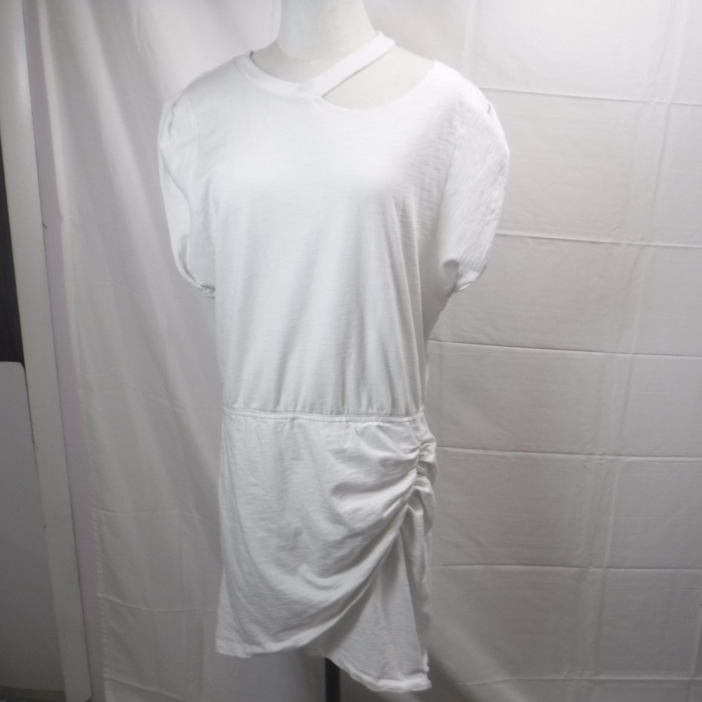 LNA Clothing White Cutout Neck Ruched Mini Dress XL Asymmetrical Puff Sleeve